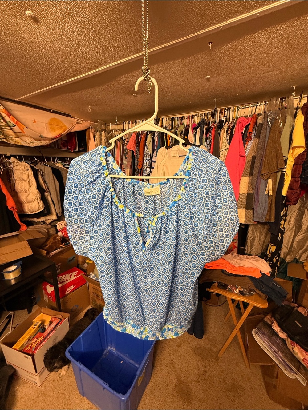 Abercrombie & Fitch Blue Printed Puff-Sleeve Tie-Neck Top
